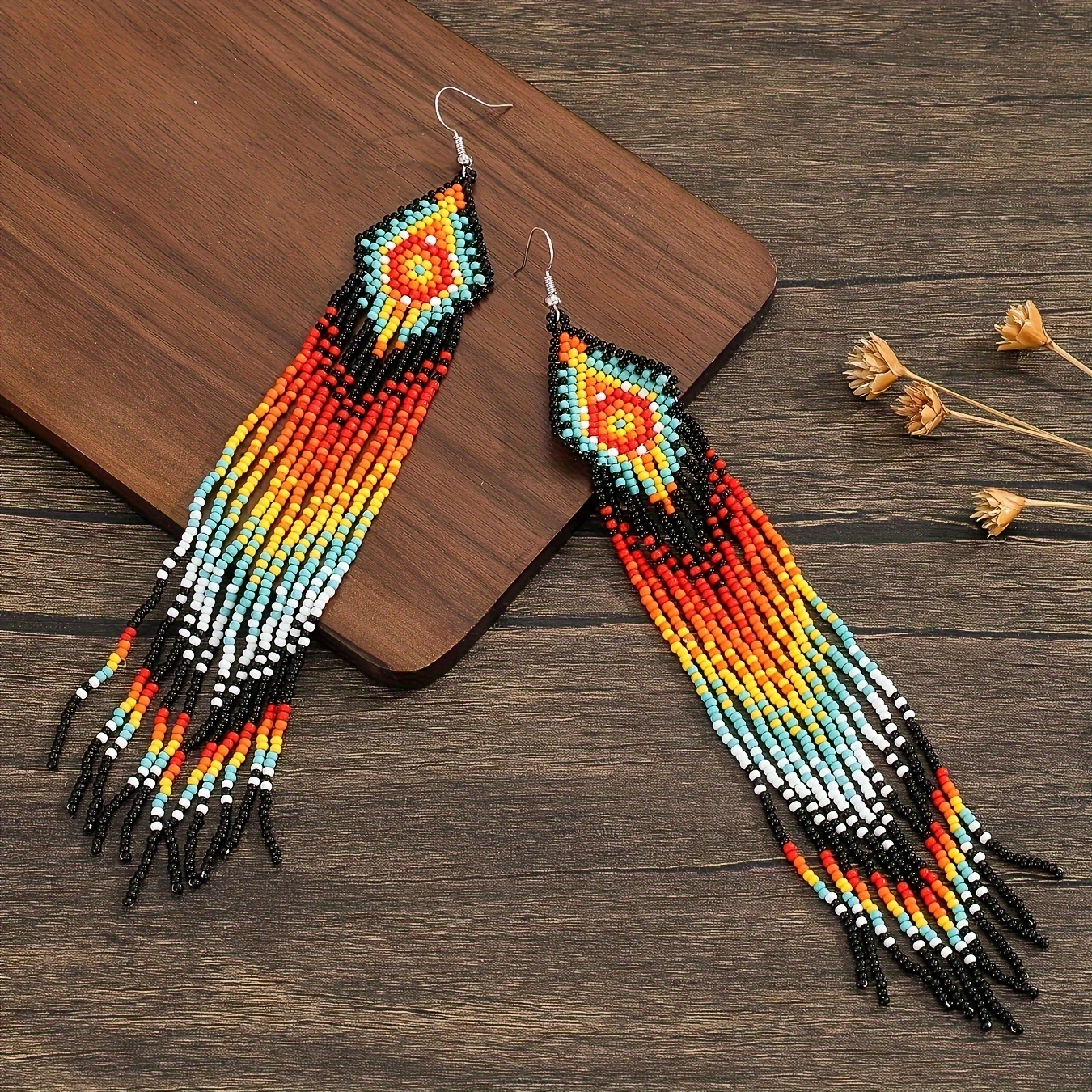 Boho Beaded Tassel Earrings Geometric Pattern Glass Material